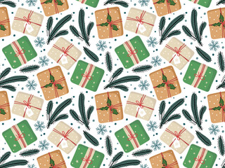 Seamless pattern with Gift boxes in craft paper with winter nature decor and spruce twig. Eco friendly packaging gifts. New year, Christmas Repeated Hand drawn design for wallpaper, wrapping, textile