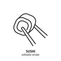 Sushi line icon. Chopsticks holding sushi roll vector sign. Editable sroke.