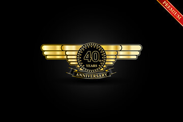 40th anniversary golden gold logo with gold ring and ribbon isolated on black background, vector design for celebration.