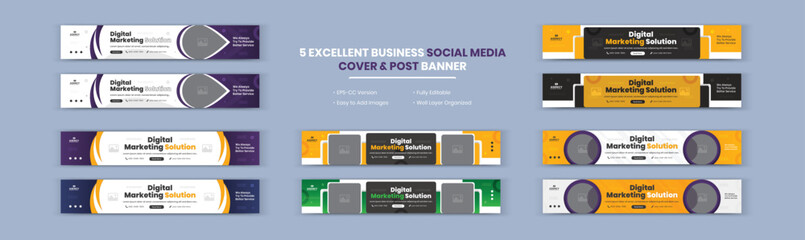 Modern abstract Digital Marketing Solution and Agency Corporate Business banner LinkedIn cover design set, Horizontal web banner.