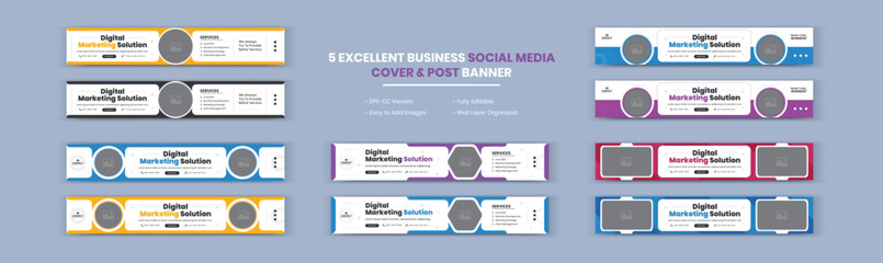 Modern abstract Digital Marketing Solution and Agency Corporate Business banner LinkedIn cover design set, Horizontal web banner.