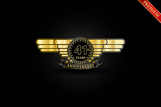 41th anniversary golden gold logo with gold ring and ribbon isolated on black background, vector design for celebration.