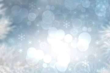 Abstract blurred festive winter christmas or Happy New Year background with shiny blue and white bokeh lighted stars. Space for your design. Card concept.