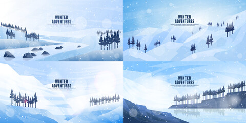 Vector illustration. Flat winter landscape. Simple snowy backgrounds. Snowdrifts. Snowfall. Clear blue sky. Blizzard. Snowy weather. Winter season. Panoramic wallpapers. Set of backgrounds