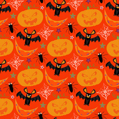Seamless pattern with pumpkin, bat, moon, stars, web and spider. Vector illustration on the theme of Halloween, children's print