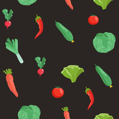 Seamless pattern with hand drawn colorful doodle vegetables. hand drawing style vector set. Vegetables flat icons set: cucumber, carrot, onion, tomato.