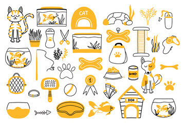 Vector set for pet shop. Collection for pets in doodle style. Accessories for pets.Caring for dogs, cats and fish.