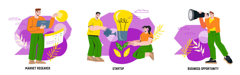 Business activity and entrepreneurship vector illustrations set. Business opportunity, startup launch and market research concept with people characters, flat vector illustration isolated on white.