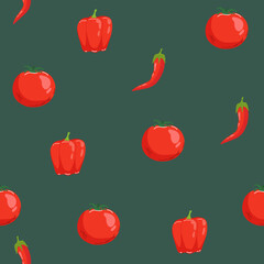 Tomatoes seamless pattern background. Flat color style design red chili.