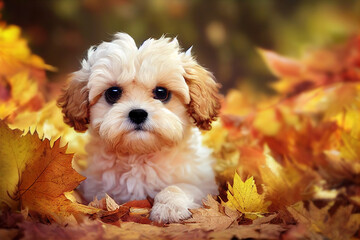 Maltipoo puppy dog in a pile of Fall leaves  in autumn background. 3d illustration.
