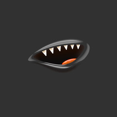 Vector Cartoon vampire mouth with fangs isolated on grey background. Funny and cute black Halloween Monster mouth with teeth and tongue