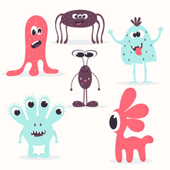 A set of six cute colourful monsters. Cute aliens. Scary gremlins. Figures of fictional characters in flat technique.