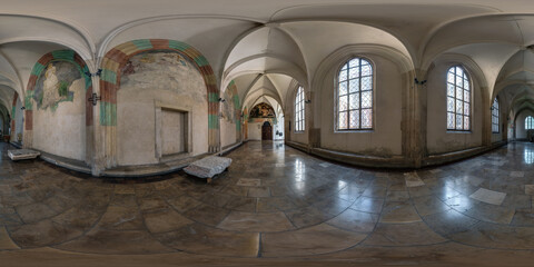 Full spherical seamless hdri panorama 360 degrees in corridor of hall with arches and columns in...