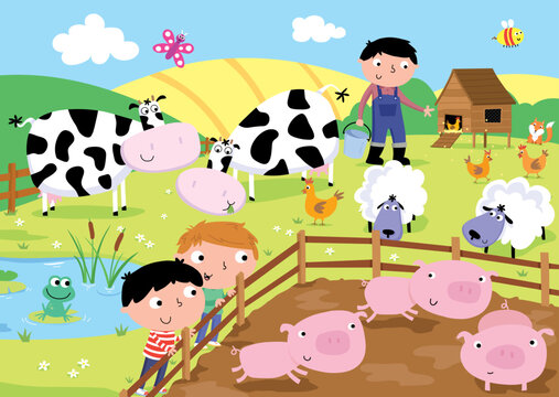 Cartoon vector illustration of a farm scene with a happy farmer feeding his chickens surrounded by other farm animals.