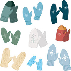 Different color mittens set vector illustration on transparent background