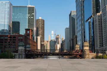 Skyscrapers Cityscape Downtown, Chicago Skyline Buildings. Beautiful Real Estate. Day time. Empty rooftop View. Success concept.
