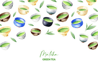 Template with matcha ceramic bowls. Hand drawn elements of japanese green tea, leaves and cups. Background for packaging, wrapping paper, menu design. Watercolor illustration of asian drinks.