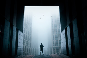 Fototapeta na wymiar A silhouette of a man, standing in between a huge futuristic gate, in front of modern skyscrapers in foggy perspective. Idea concept of freedom, strategy, capability, and success.