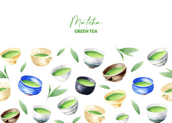 Design with matcha bowls. Hand drawn elements of japanese green tea, leaves and cups. Background for packaging, wrapping paper, menu design. Watercolor illustration of asian drinks.