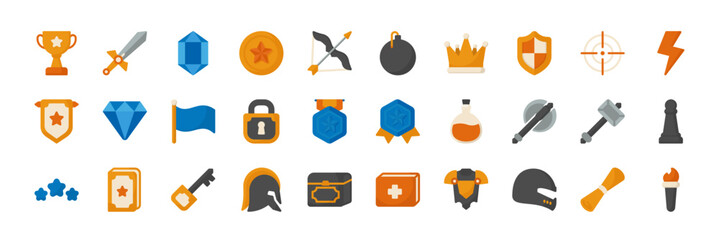 30 game items with style flat. Icon set for game items. Editable in EPS 10 format. Vector Illustration