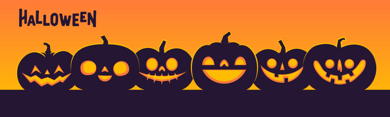 Halloween banner horizontal design with Jack o Lantern carved pumpkins. Simple cartoon spooky design. Trick or treat.