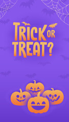 Halloween banner with copy space. Trick or treat lettering sign with bats and carved pumpkins. Cute and funny spooky style.