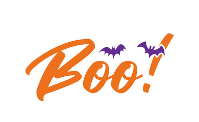 Boo! exclamation lettering. Halloween quote funny design with bats.
