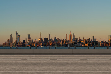 Fototapeta na wymiar Empty urban asphalt road exterior with city buildings background. New modern highway concrete construction. Concept of way to success. Transportation logistic industry fast delivery. New York. USA.
