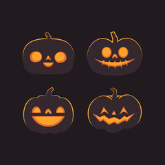 Set of carved halloween pumpkins. Jack o Lantern glowing inside with smile for your design for the holiday. Cute and fun vector illustration.
