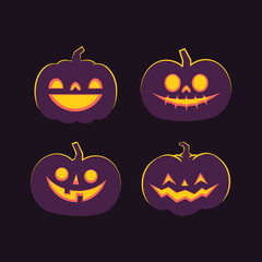 Set of carved halloween pumpkins. Jack o Lantern glowing inside with smile for your design for the holiday. Cute and fun vector illustration.