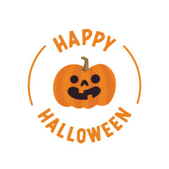 Happy halloween badge with carved pumpkin cartoon illustration. Cute spooky design.