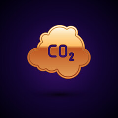 Gold CO2 emissions in cloud icon isolated on black background. Carbon dioxide formula, smog pollution concept, environment concept. Vector