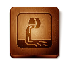Brown Wastewater icon isolated on white background. Sewer pipe. From the pipe flowing liquid into the river. Wooden square button. Vector