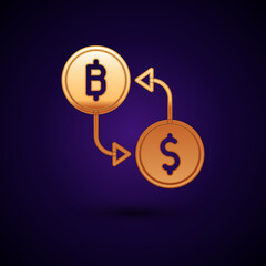 Gold Cryptocurrency exchange icon isolated on black background. Bitcoin to dollar exchange icon. Cryptocurrency technology, mobile banking. Vector