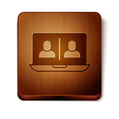 Brown Video chat conference icon isolated on white background. Online meeting work form home. Remote project management. Wooden square button. Vector