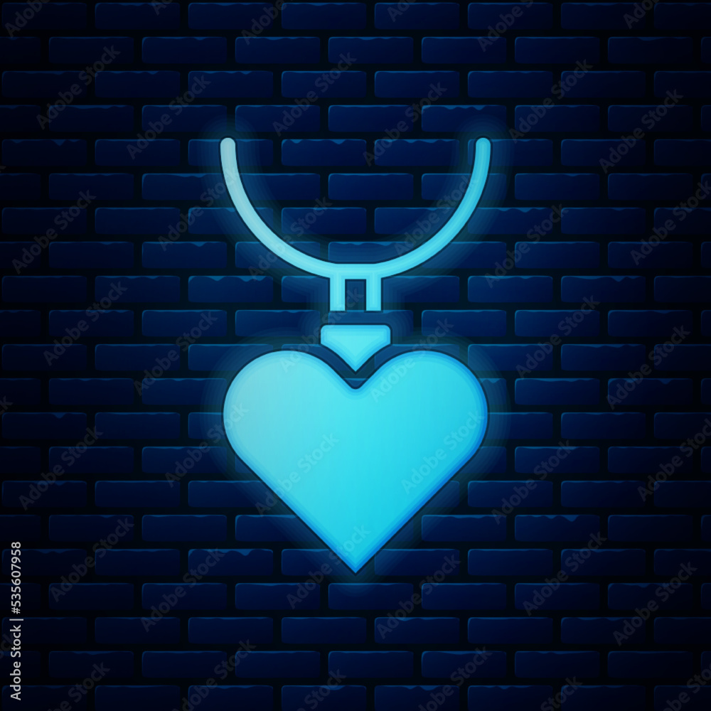 Sticker glowing neon necklace with heart shaped pendant icon isolated on brick wall background. jewellery de