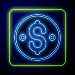 Glowing neon Dollar symbol icon isolated on blue background. Cash and money, wealth, payment symbol. Casino gambling. Vector