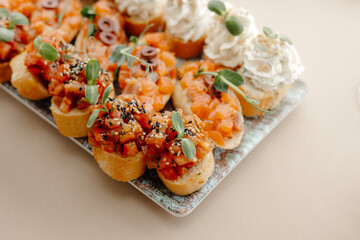 bruschetta with tomato and basil, salmon bruschetta. 