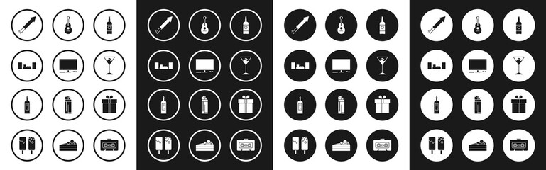 Set Beer bottle, Video game console, Home stereo with two speakers, Firework rocket, Martini glass, Guitar, Gift box and Bottle of wine icon. Vector