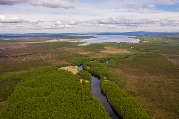 Fototapeta na wymiar The Minikkajoki River and Lake Salmijärvi on the border between Russia and Norway. View from above