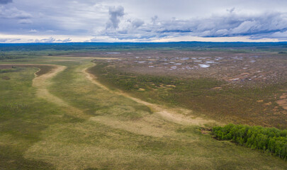 Top view of a large swamp in the Arctic on the border between Russia and Norway