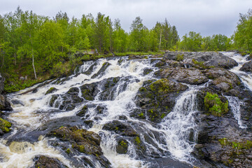 Waterfall on the Shuonijoki river, Murmansk region, Arctic, Russia. Top view, aerial photography