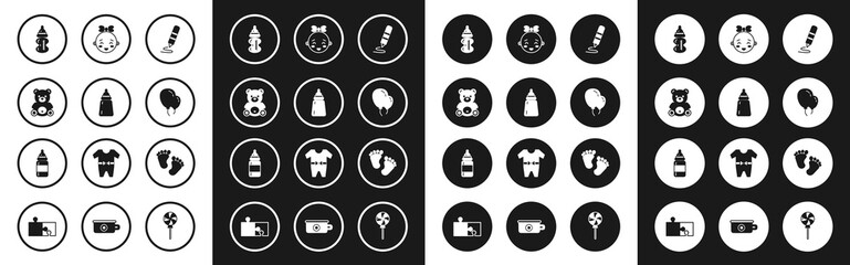 Set Wax crayon for drawing, Baby bottle, Teddy bear plush toy, Balloons with ribbon, Happy little girl head, footprints and icon. Vector