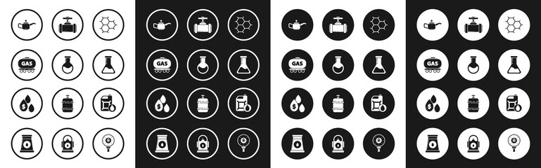 Set Chemical formula consisting of benzene rings, Test tube and flask, Gas railway cistern, Canister motor machine oil, Industry metallic pipes valve, and Oil drop with dollar symbol icon. Vector