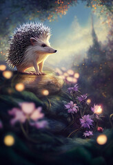 Obraz premium Beautiful fantasy hedgehog in sparkling forest enviroment. Digital art.