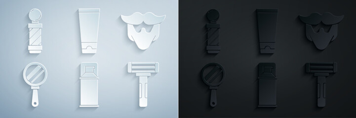 Set Shaving gel foam, Mustache and beard, Hand mirror, razor, Cream lotion cosmetic tube and Classic Barber shop pole icon. Vector