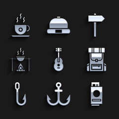 Set Guitar, Anchor, Passport with ticket, Hiking backpack, Fishing hook, Campfire and pot, Road traffic signpost and Coffee cup icon. Vector
