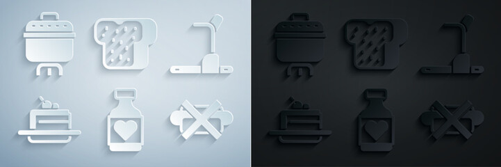 Set Vitamin pill, Treadmill machine, Cake, No junk food, Bread toast and Cooking pot icon. Vector