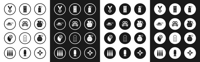 Set Hand smoke grenade, Gas mask, Military tank, reward medal, Dynamite timer clock, and Target sport icon. Vector