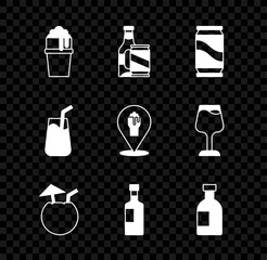 Set Glass of beer, Beer bottle and can, Coconut cocktail, Wine, vodka, Cocktail and Alcohol or bar location icon. Vector